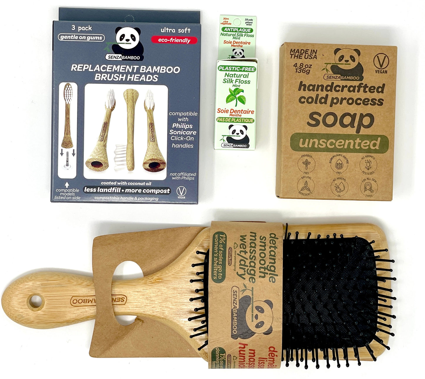 Bundle! 3pk Replacement Bamboo Brush Heads (Philips Sonicare Click-on handle compatible) /1 x Mint Silk Plastic Free Dental floss/ 1x Paddle Hair brush/ / 1 x Unscented Soap