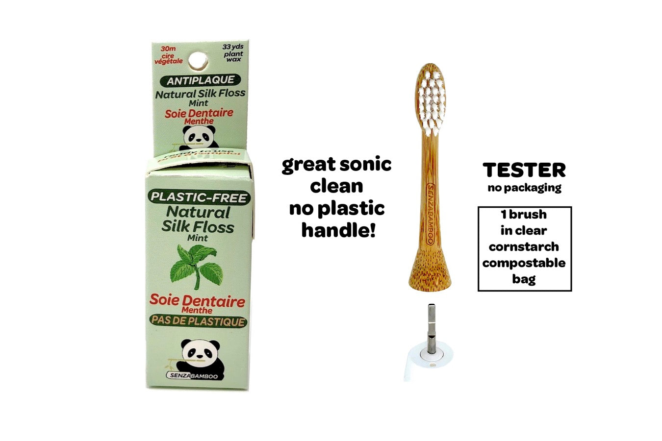 Bundle! 1x Mint Plastic Free Silk Dental Floss + 1 x Replacement Bamboo Brush Head (Tester) (Philips Sonicare Click-on handle compatible) (TESTER comes only in clear hygienic compostable bag and no packaging)