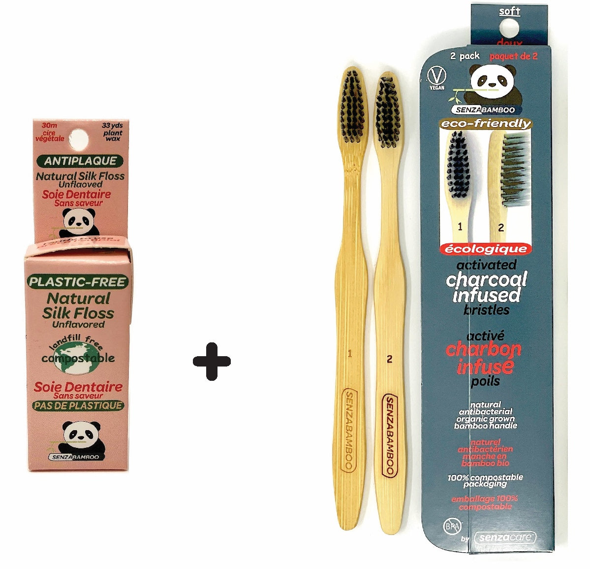Bundle! 100%-Plastic Free Silk Dental Floss Box + 2 Pack Charcoal Infused Thin Tip Bristle Bamboo Toothbrushes