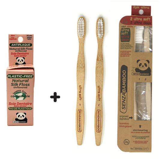 100% - Plastic Free Silk Dental Floss (unflavored) + 2 pack Ultra Soft Bamboo Toothbrushes - SENZABAMBOO