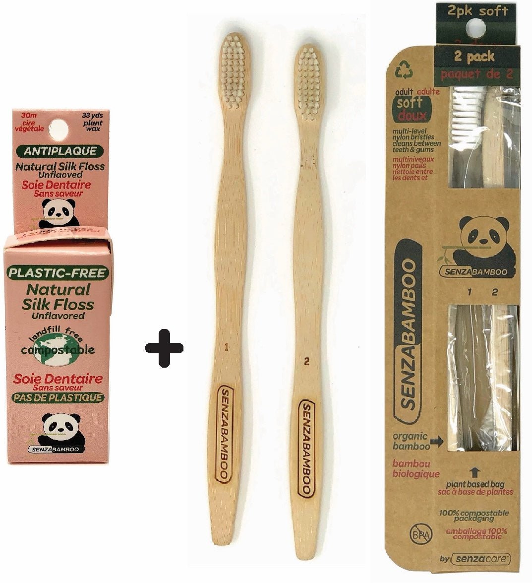 100% - Plastic Free Silk Dental Floss (Unflavored) + 2pk Soft Eco - Friendly Soft Bamboo Toothbrushes + - SENZABAMBOO