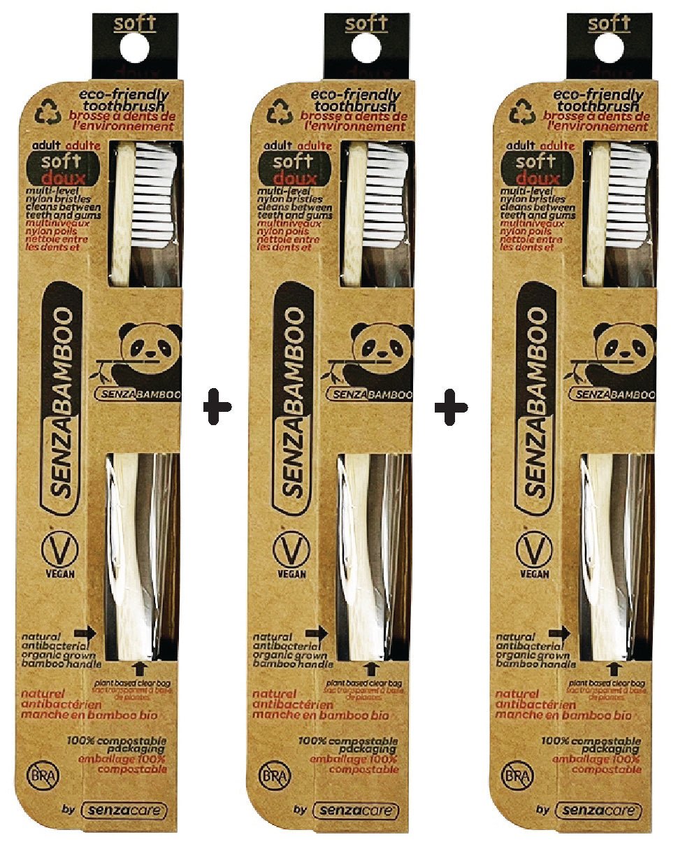 3 Eco - Friendly Bamboo Toothbrushes (soft adult) - SENZABAMBOO