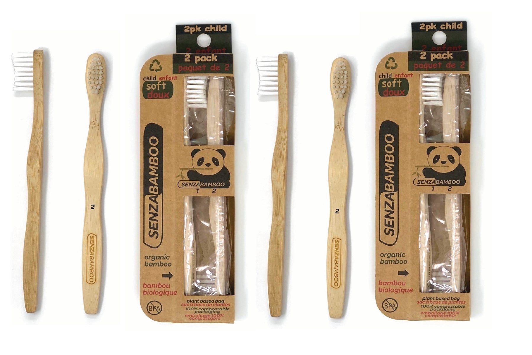 4 Child Eco - Friendly Bamboo Toothbrushes (2x2packs) - SENZABAMBOO