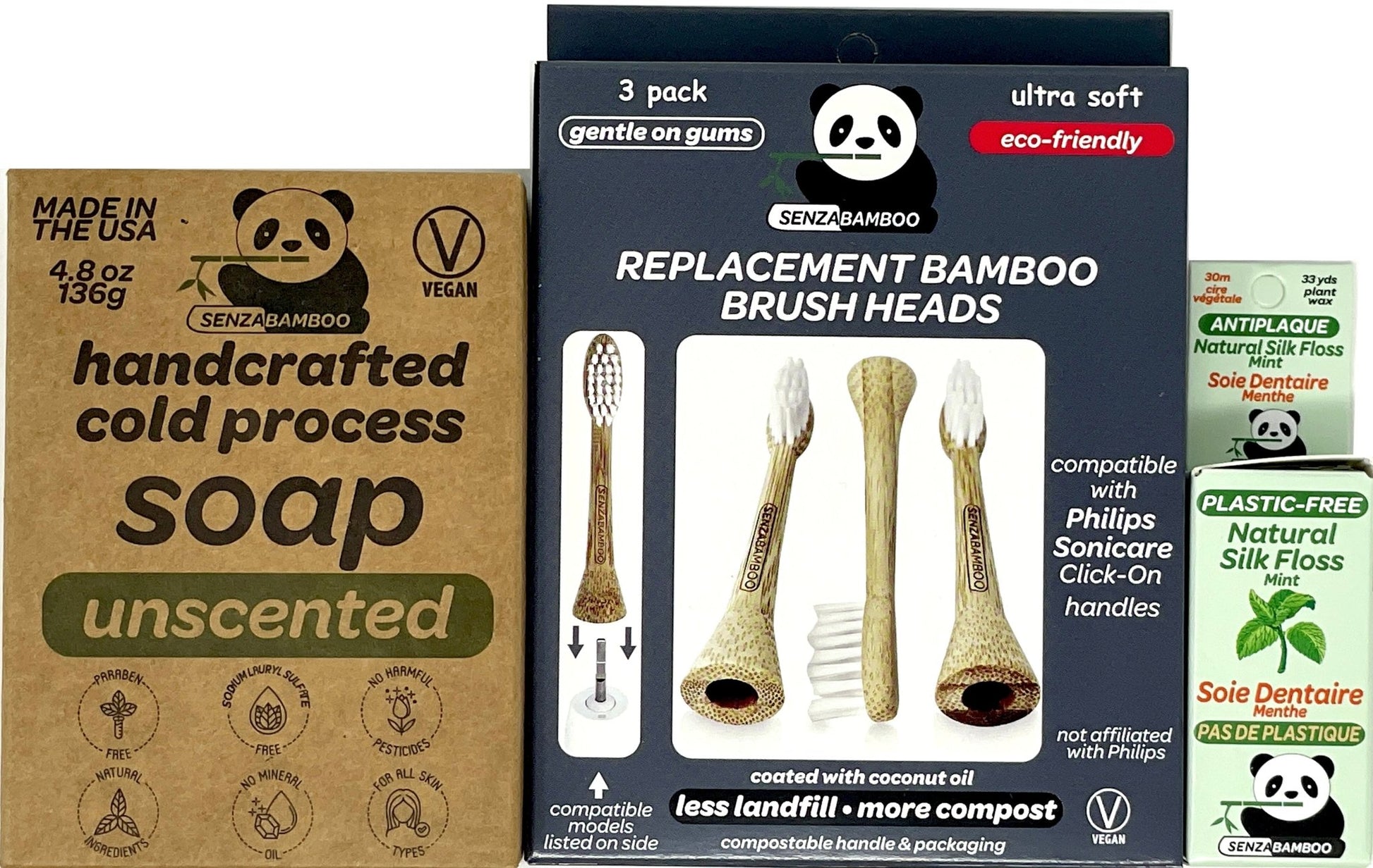 Bundle! 1x Mint Plastic Free Silk Dental Floss + 1 Unscented Soap + 3pk Replacement Bamboo Brush Head (Philips Sonicare Click - on handle compatible) - SENZABAMBOO