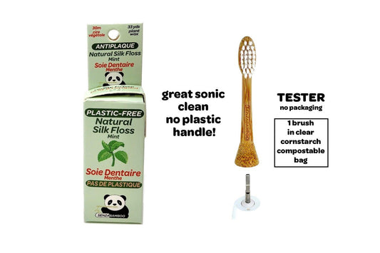 Bundle! 1x Mint Plastic Free Silk Dental Floss + 1 x Replacement Bamboo Brush Head (Tester) (Philips Sonicare Click - on handle compatible) (TESTER comes only in clear hygienic compostable bag and no packaging) - SENZABAMBOO