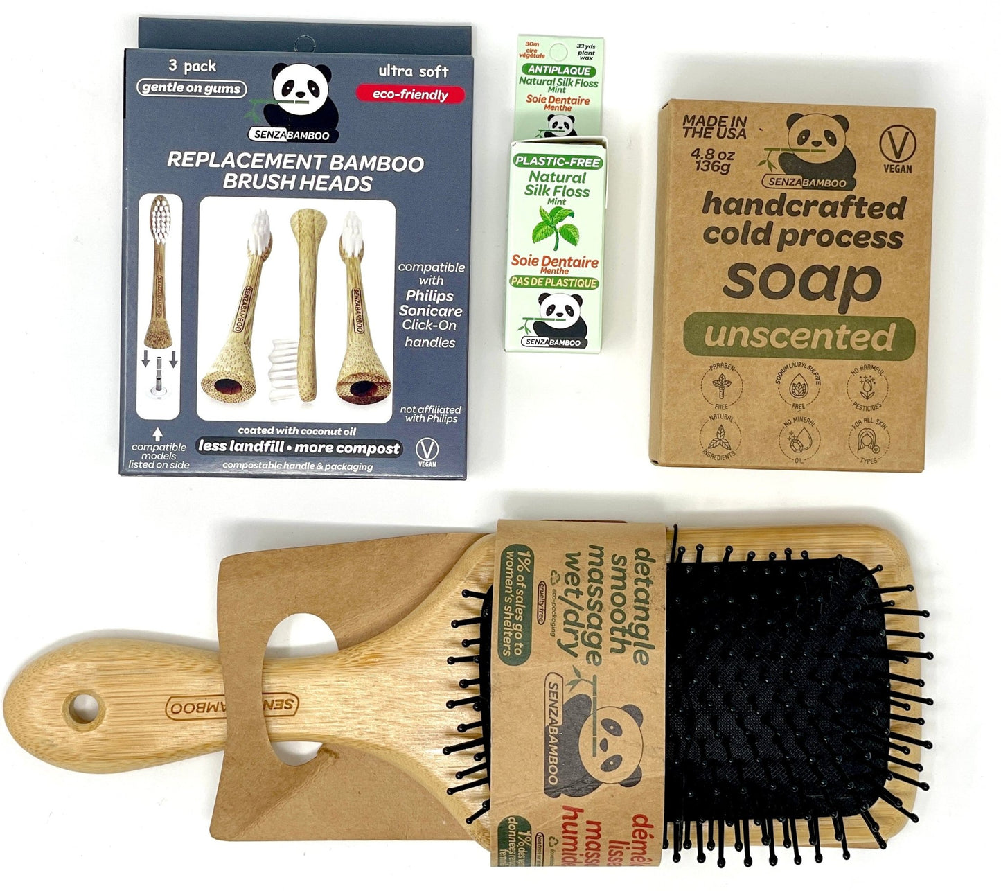 Bundle! 3pk Replacement Bamboo Brush Heads (Philips Sonicare Click - on handle compatible) /1 x Mint Silk Plastic Free Dental floss/ 1x Paddle Hair brush/ / 1 x Unscented Soap - SENZABAMBOO
