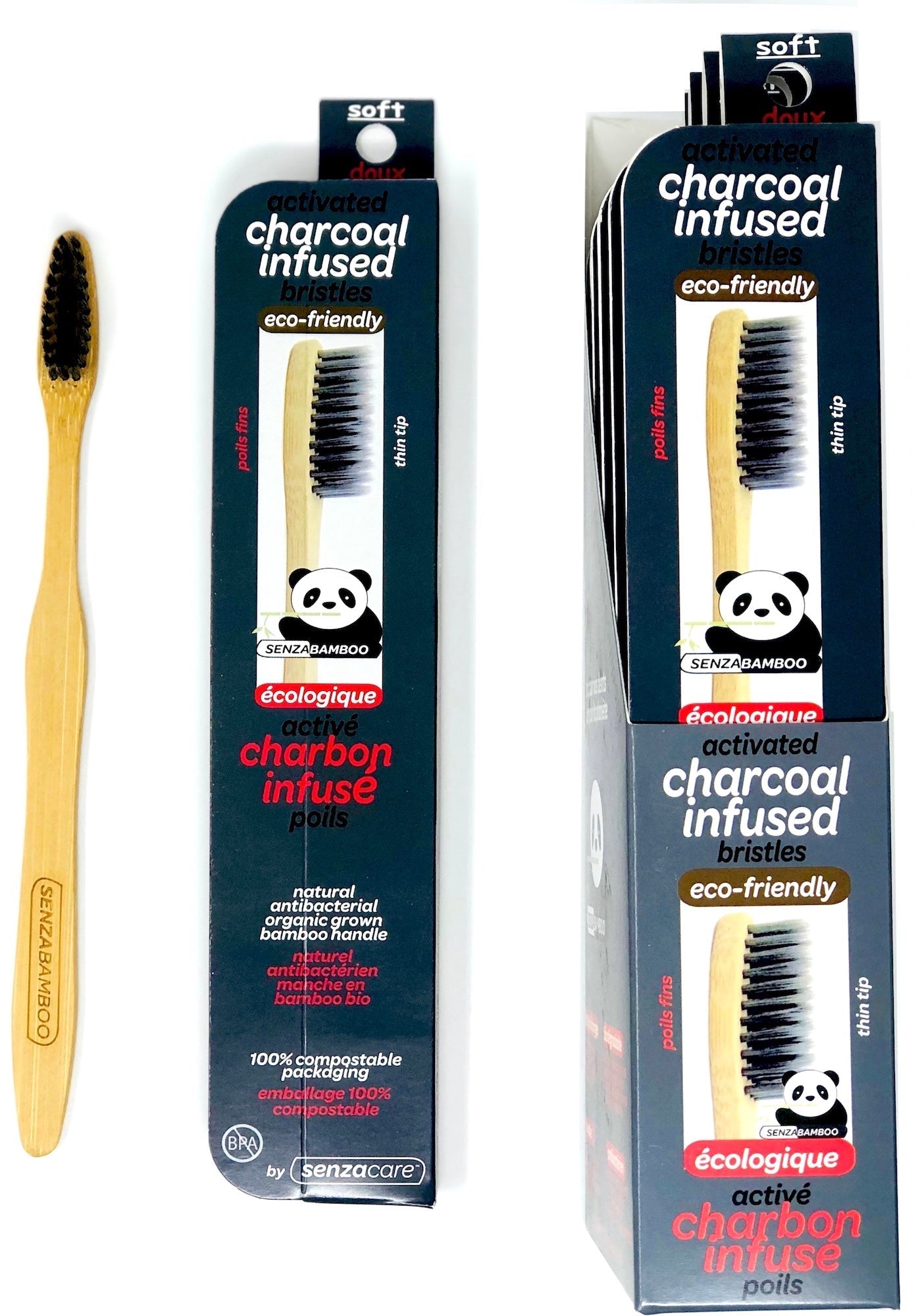 3 Active Charcoal Infused Thin Tip Bristle Bamboo Toothbrushes - SENZABAMBOO